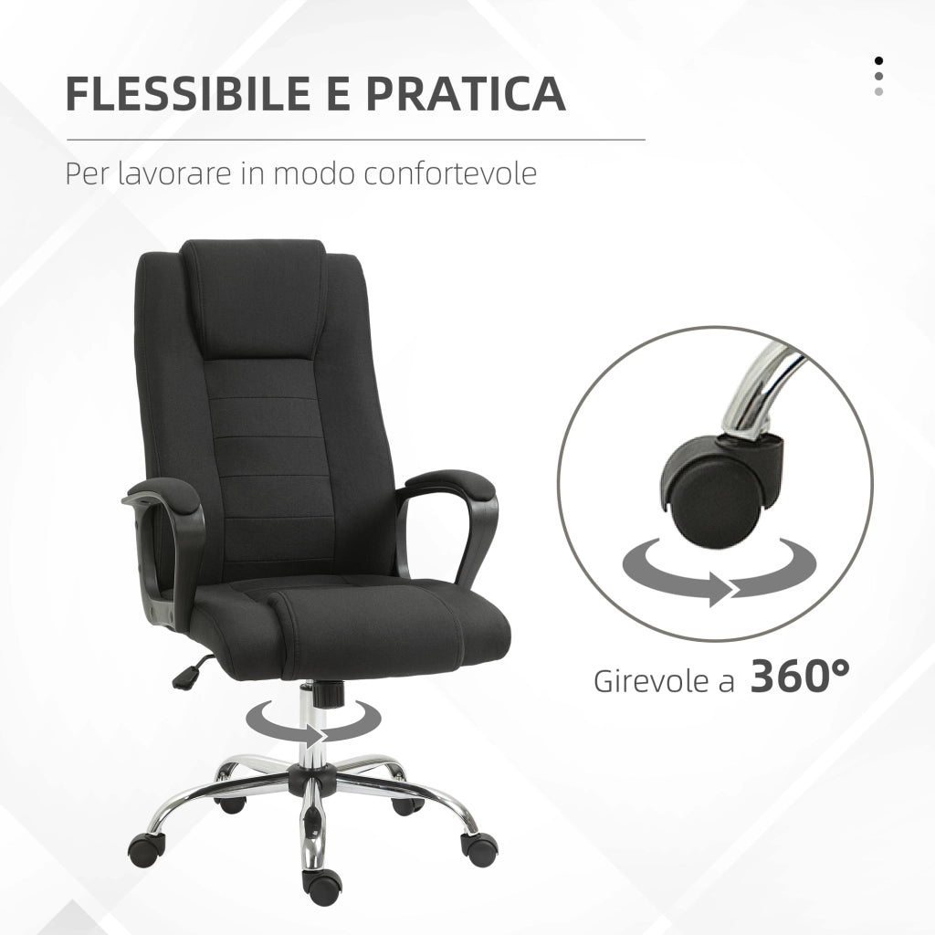 Sedia da Ufficio Ergonomica Basculante e Imbottita 62x76x110-119 cm in Poliestere Effetto Lino Nero