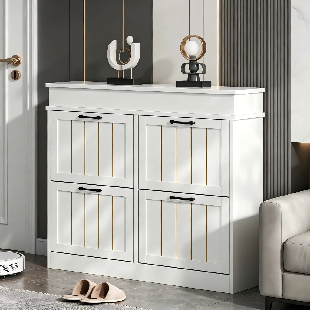 Scarpiera salvaspazio con 4 ante a ribalta, 8 ripiani, struttura in MDF, bianco, 105 x 24 x 83 cm