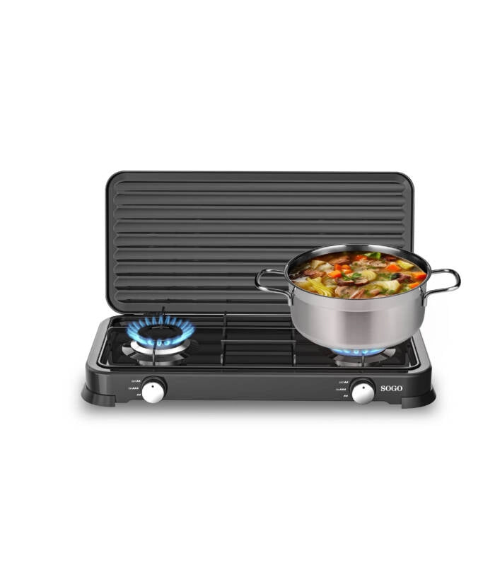Fornello a gas doppio bruciatore portatile, 2 fuochi 103mm regolabili, potenza 4,4kW per campeggio e outdoor - SOGO