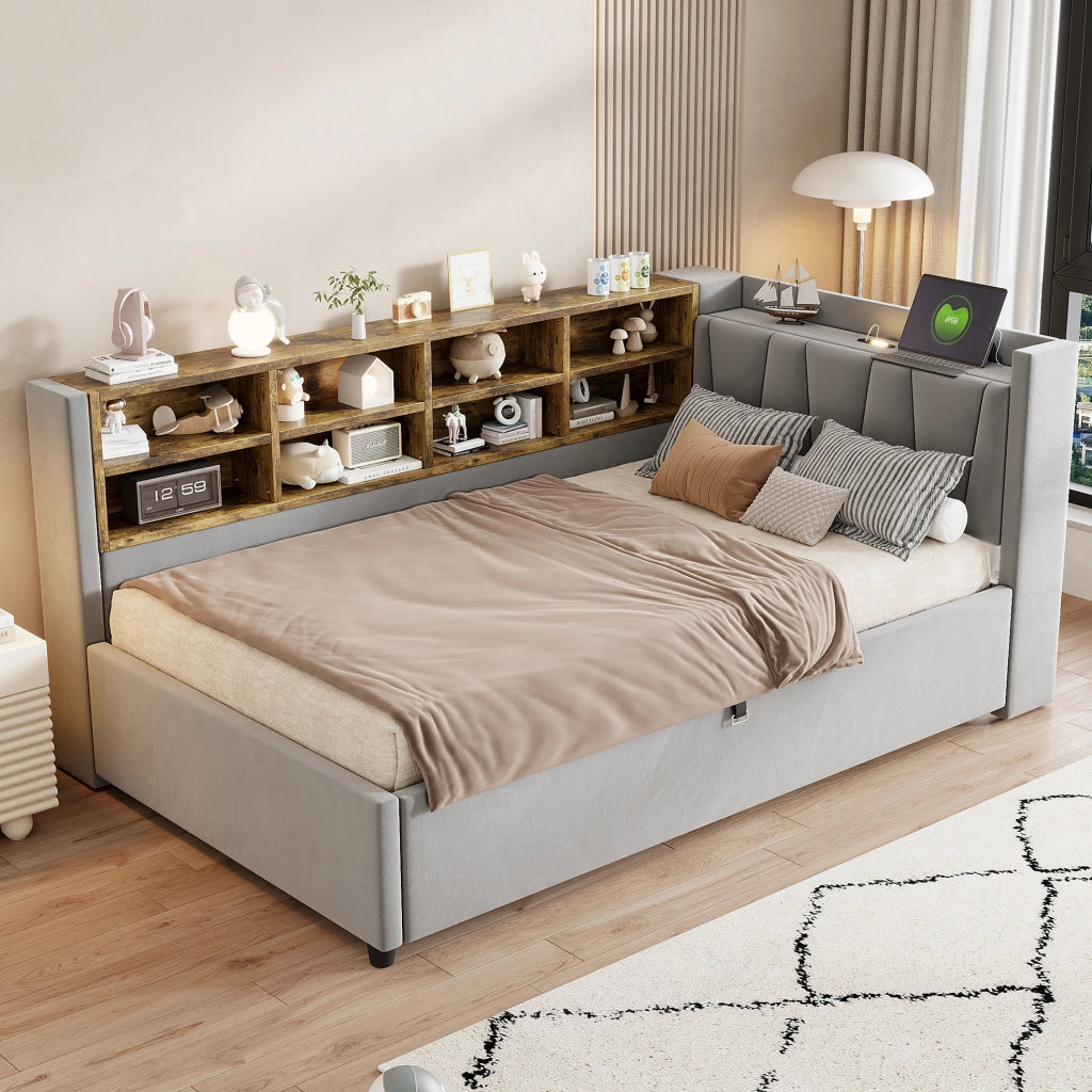 Letto singolo 90x200 cm con contenitore idraulico; USB-C e ripiani in velluto grigio