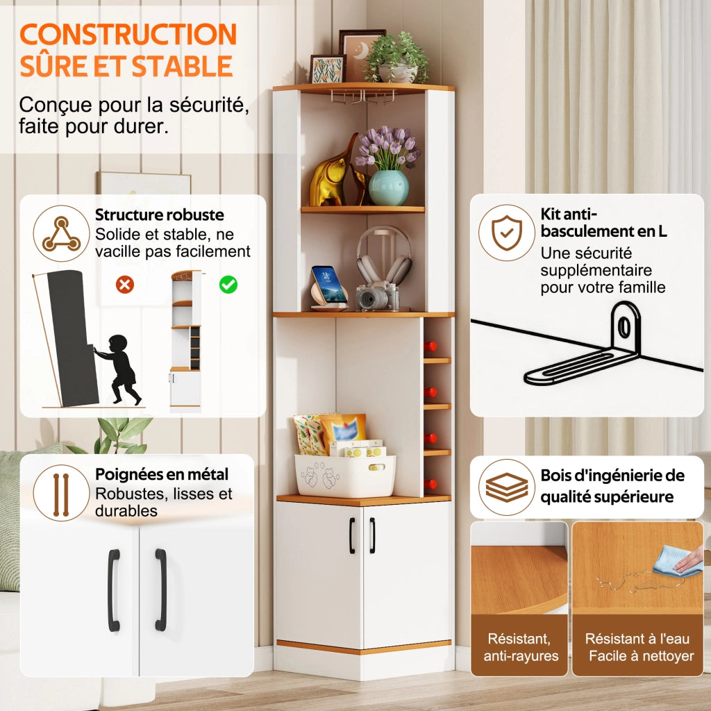 Mobile angolare per vini con portabicchieri; 4 vani e armadietto; per cucina e soggiorno; bianco; 40 × 40 × 182 cm