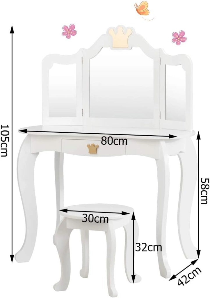 Toeletta da Trucco per Bambini, 2 in 1 Giocattolo da Trucco, Tavolo e Sgabello, con Cassetto, Specchio Rimovibile, Design Principessa, Consigliata per Ragazze 3-7 Anni, Rosa/Bianco