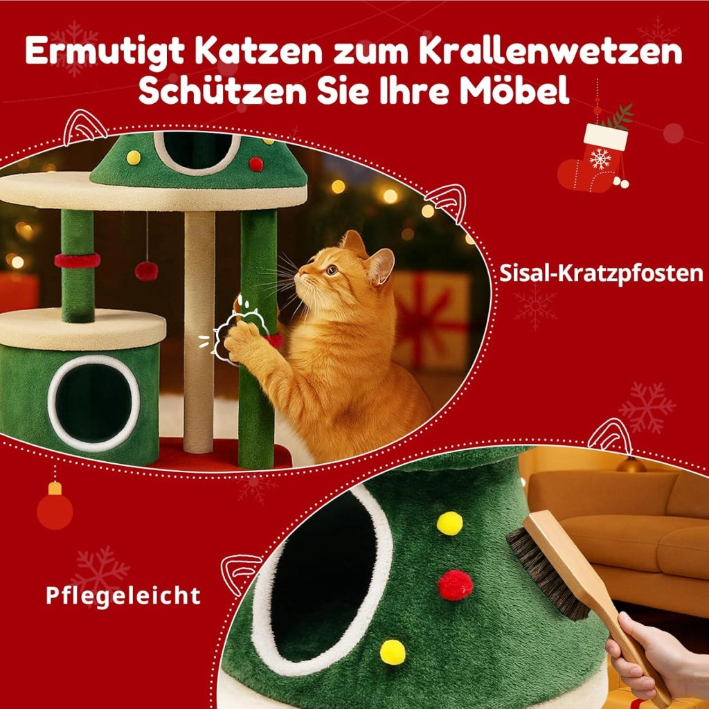 Albero di Natale per gatti di design albero di Natale, 123 cm, robusto con tiragraffi, casa a più piani, piattaforme e palla da gioco, mobile per graffi di Natale per gatti