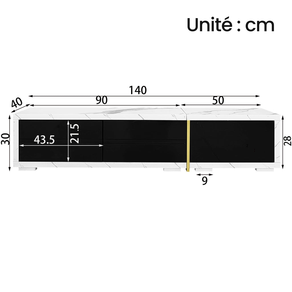 Mobile TV allungabile 140?C260 cm girevole; con 2 Vani; Stile Moderno; Nero Lucido Opaco; Effetto Marmo Bianco; MDF
