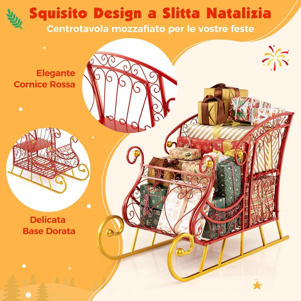 COSTWAY Slitta di Babbo Natale, Slitta di Babbo Natale in Metallo con Portadoni a 2 Livelli, Decorazione Natalizia con Stelle Dorate, per Casa, Negozio e Ufficio (Modello 3)