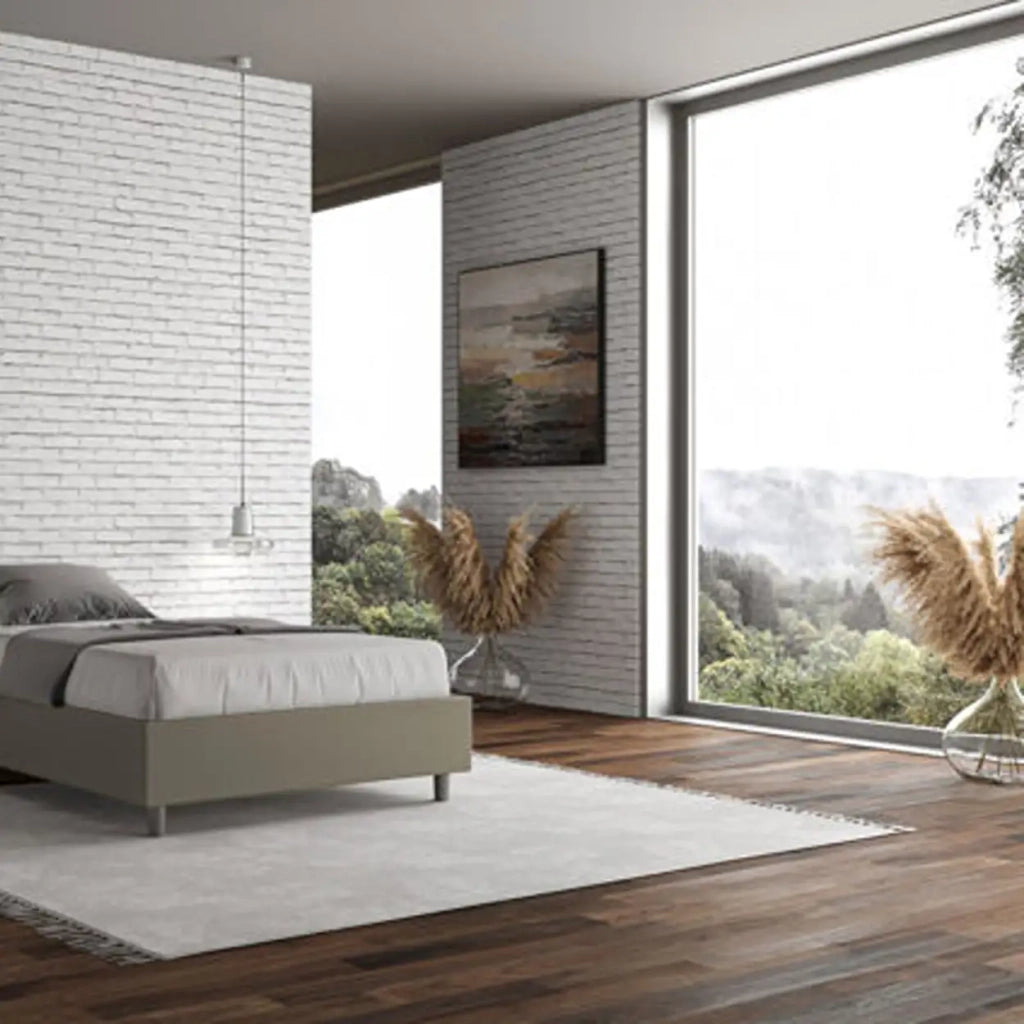 Letto matrimoniale francese con rete imbottito 140x210 similpelle cappuccino Azelia