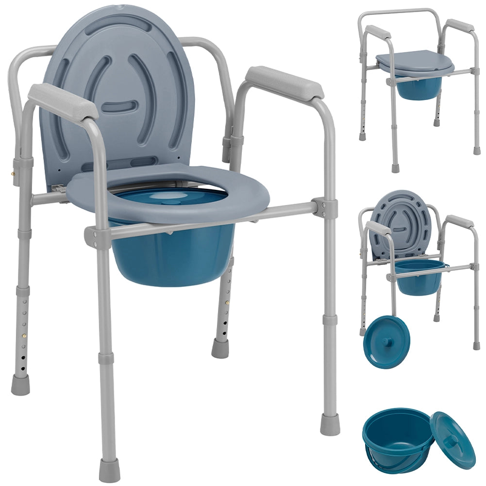 Sedia Toilette WC Leggera Vaso Removibile per Anziani a Mobilità Ridotta in Metallo Grigio Blu