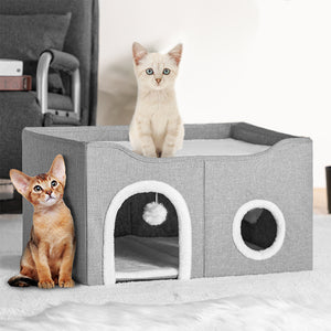 Cuccia per Gatti con Doppio Ingresso Tiragraffi Casetta Animale Domestico 61cm