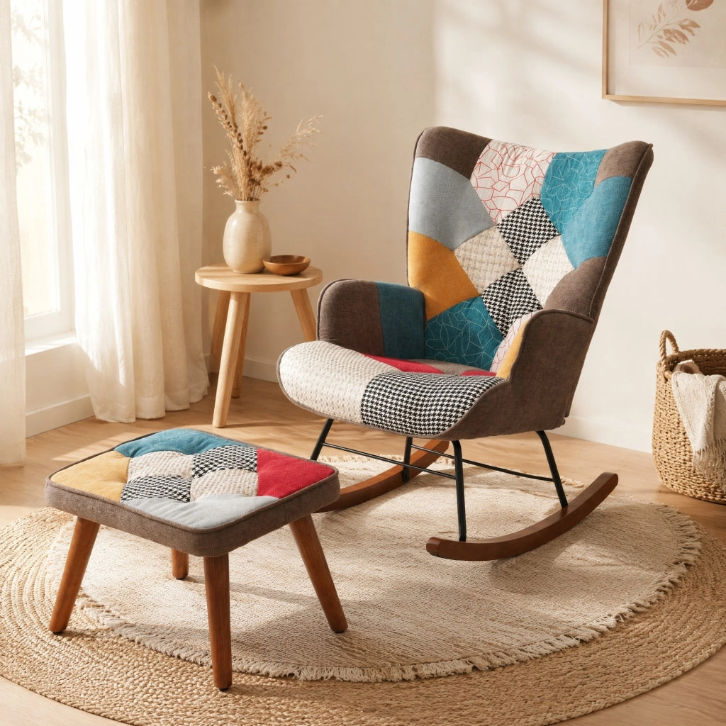Poltrona a dondolo con poggiapiedi patchwork multicolore; 69;5x50x88;5 cm; legno massello e ferro