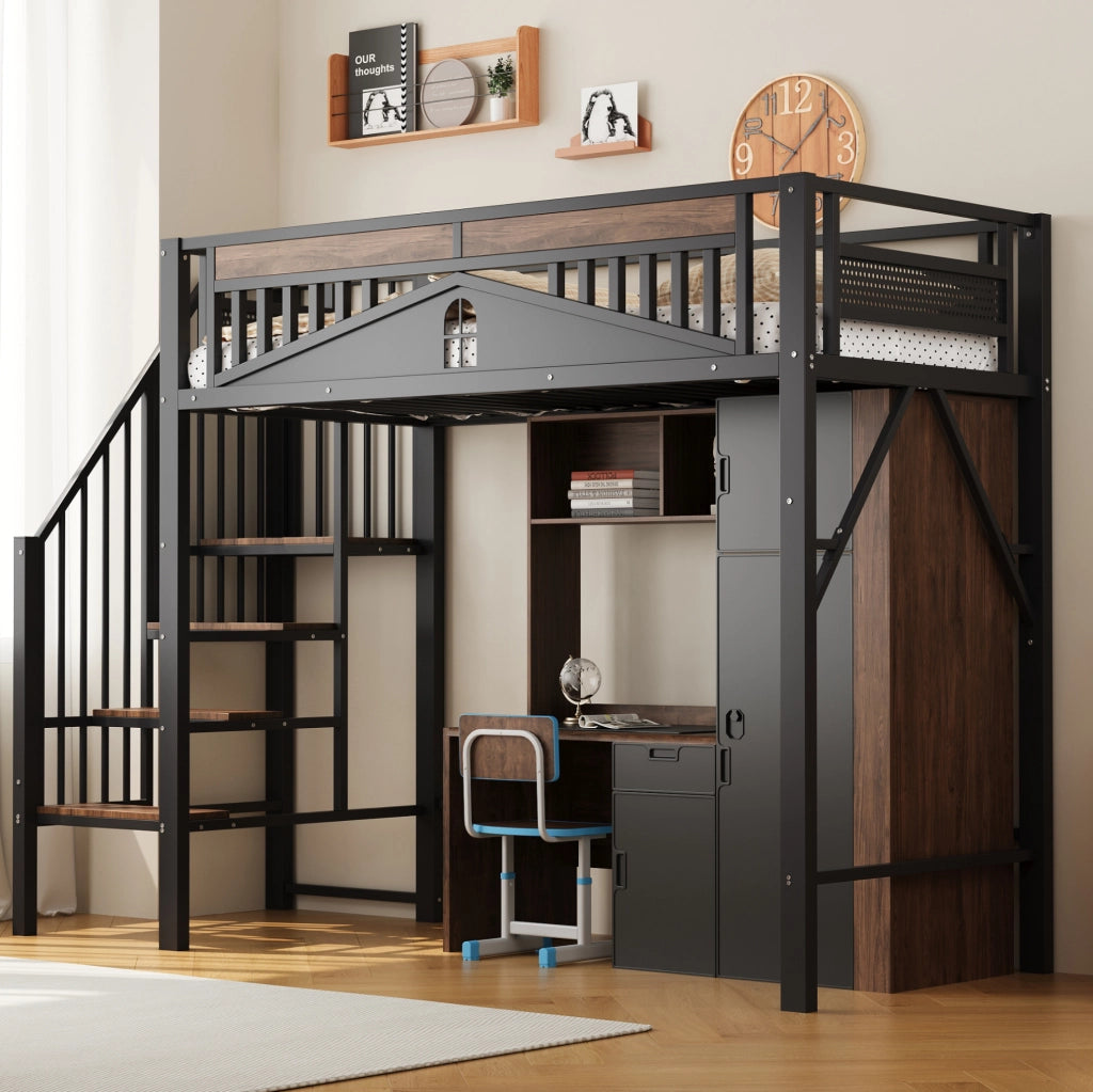 Letto a soppalco 90x200 cm in metallo nero con scala