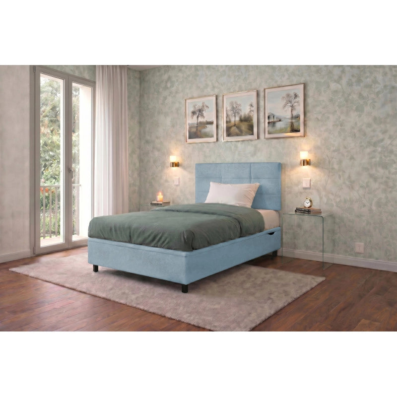 Letto imbottito Singolo 80x190 cm Square - Contenitore,Microfibra,Azzurro