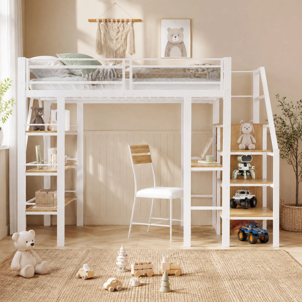 Letto a soppalco 140x200 cm con scrivania, libreria a tre livelli e armadio integrato, struttura in metallo, bianco