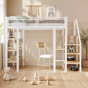 Letto a soppalco 140x200 cm con scrivania, libreria a tre livelli e armadio integrato, struttura in metallo, bianco