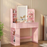 Toeletta Trucco con Luci LED 3 con Luminosità Regolabile,Tavolo da Trucco con Specchio, Ripiani Regolabili, 2 Cassetti, in Legno,Moderno (Rosa, 90cm)