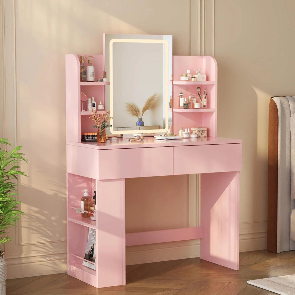 Toeletta Trucco con Luci LED 3 con Luminosità Regolabile,Tavolo da Trucco con Specchio, Ripiani Regolabili, 2 Cassetti, in Legno,Moderno (Rosa, 90cm)