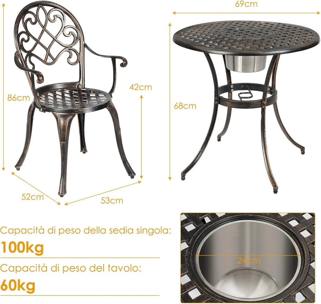 Tavolo Rotondo e 2 Sedie, con Secchio di Ghiaccio, Set Mobili 3 Pezzo da Giardino in Fusione di Alluminio, Stile Antichi, Resistente Alle Intemperie (Bronzo Antico)