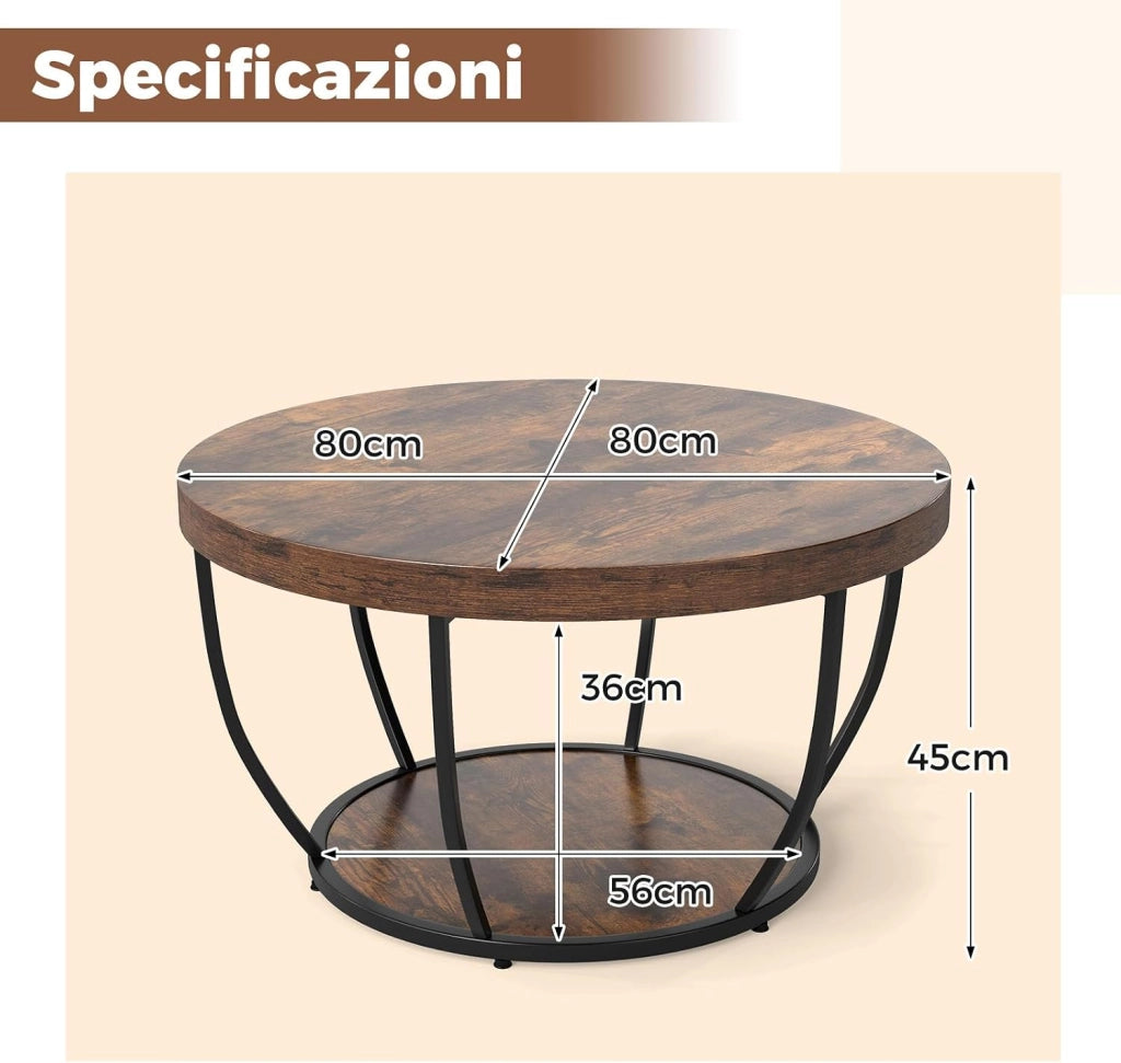 Tavolino da Caffè Rotondo a 2 Ripiani, Tavolo da Salotto in Legno con Struttura in Metallo, Tavolino Soggiorno Industriale con Piedini Regolabili, 80 x 80 x 45 cm (Marrone scuro)