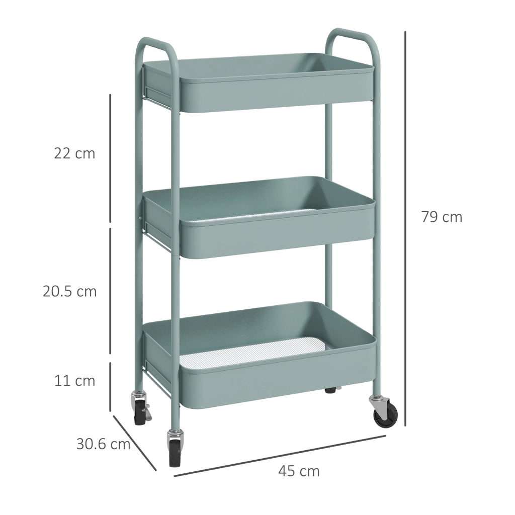 EasyComfort Carrello da Cucina a 3 Livelli con Maniglie e 4 Rotelle, in Acciaio, 45x30.6x79 cm, Azzurro