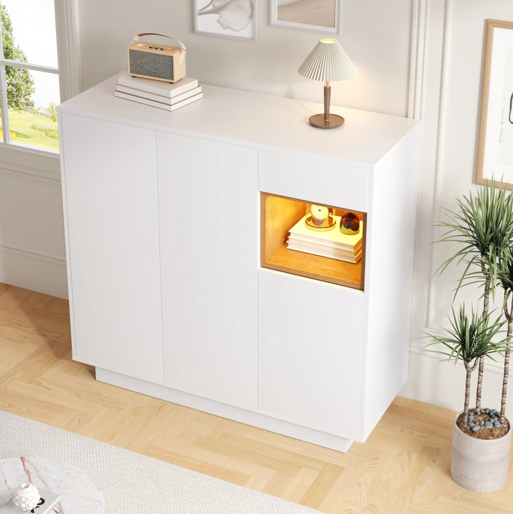 Scarpiera 105x39.5x100.5 cm con LED a 16 colori e ripiani regolabili in truciolato bianco e naturale