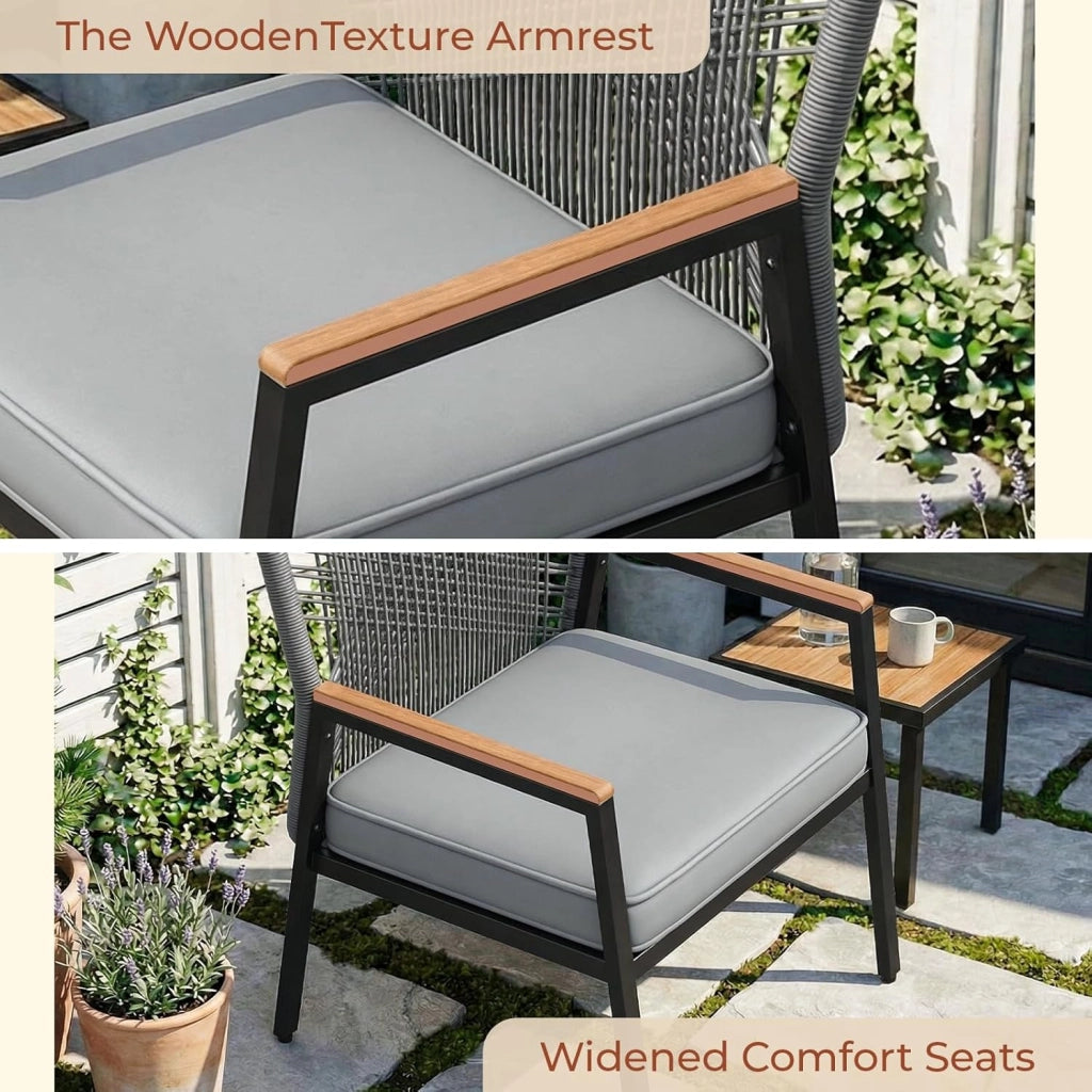 Sedie da giardino in rattan, Set da 1, Sedie da patio resistenti alle intemperie, Sedie da balcone in metallo, Portata massima 160 kg, Braccioli in WPC, Per patio, giardino e veranda, Grigio