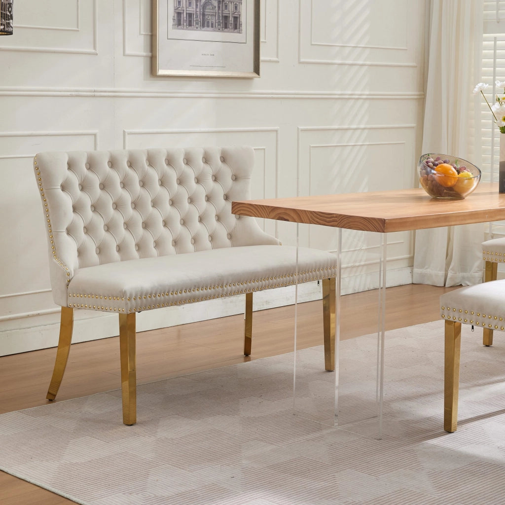 Panca da Pranzo 2 Posti Imbottita in Velluto ¨C Xylo ¨C Beige, Gambe Oro