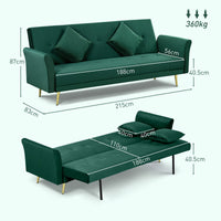Divano Letto Singolo Clic Clac con Schienale Regolabile 215x83x87 cm in Tessuto Effetto Velluto con 2 Cuscini Verde