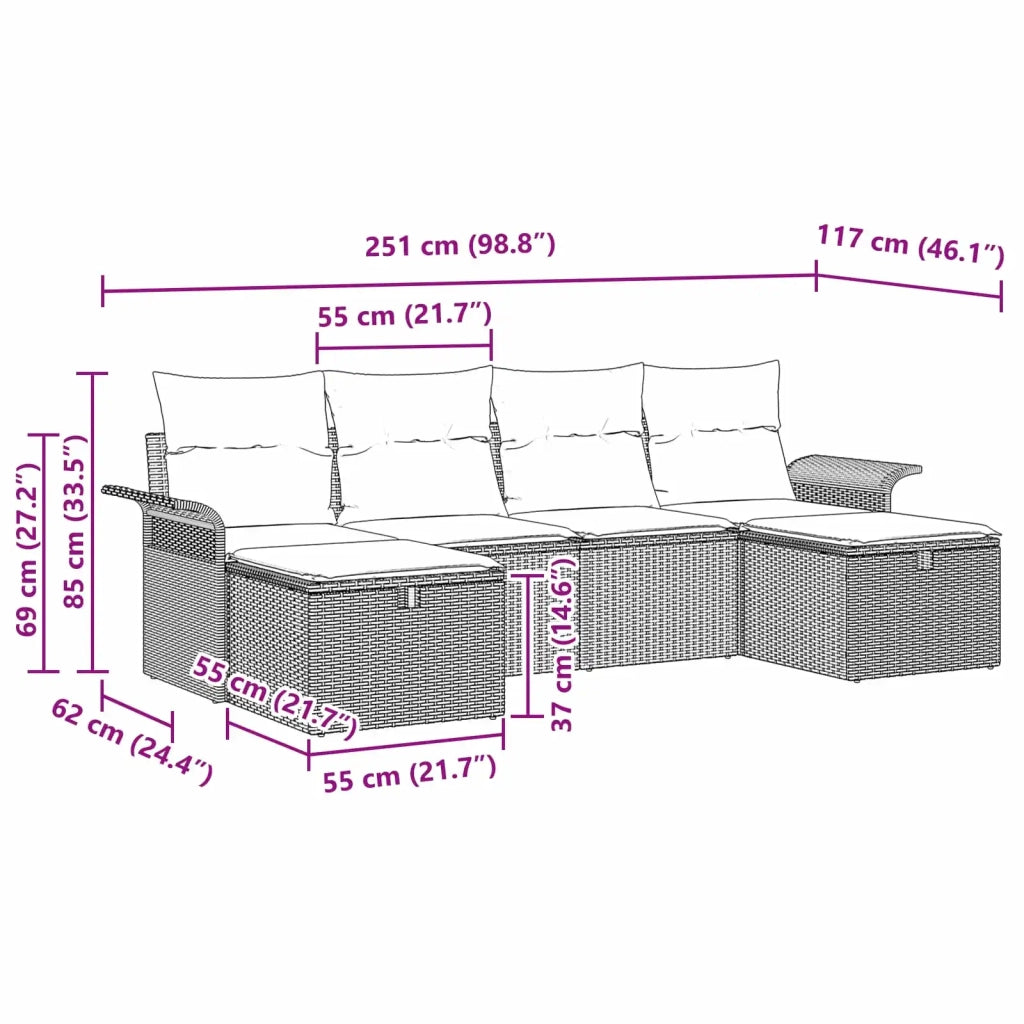 Set Divano da Giardino 6 pcs Nero e Turchese polyrattan