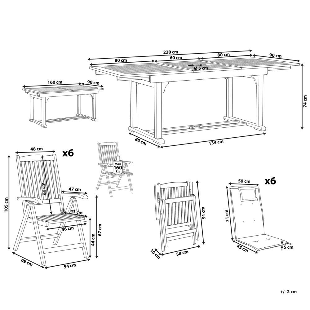 Set da giardino con 6 sedie in legno di acacia marrone scuro con cuscini bianco sporco in stile rustico con cuscini