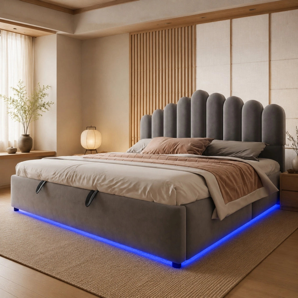 Letto imbottito 180x200 cm con contenitore idraulico e LED in velluto grigio