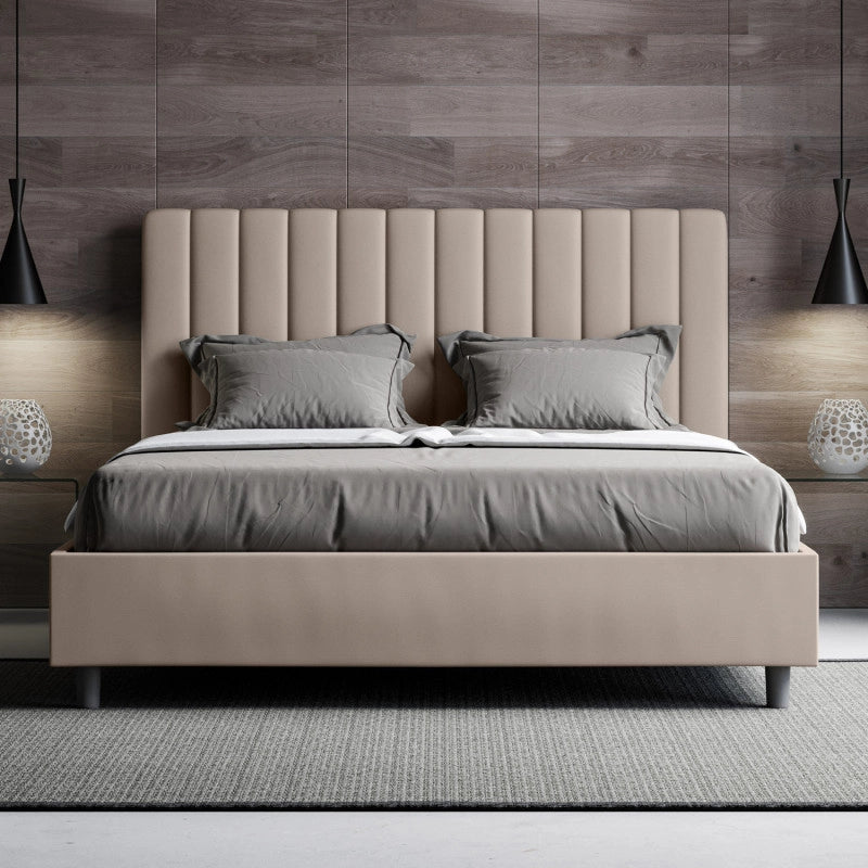 Letto imbottito Letto Matrimoniale alla Francese 150x190 cm Agueda - Similpelle,Senza rete,Tortora