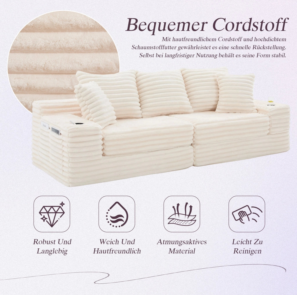 Divano componibile in tessuto corduroy beige 273x98x87 cm; con tasche laterali e portabicchieri