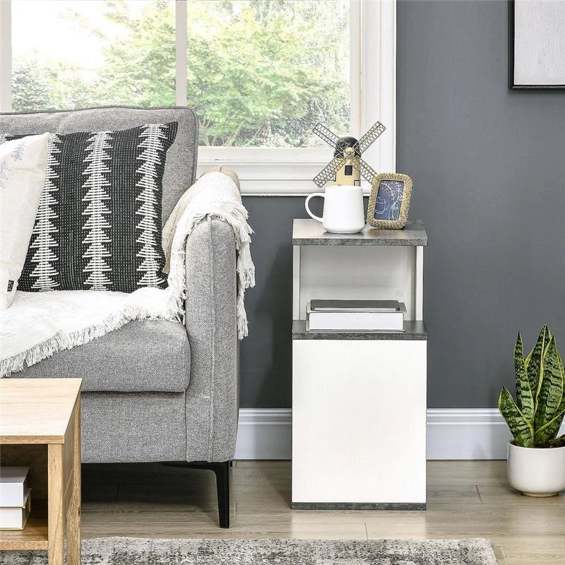 COMODINO CON RIPIANO APERTO DESIGN IRREGOLARE 35X29.5X60 CM GRIGIO E BIANCO