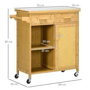 Carrello da cucina in bambù con piano in vetro, cassetti, ripiani aperti e armadietto