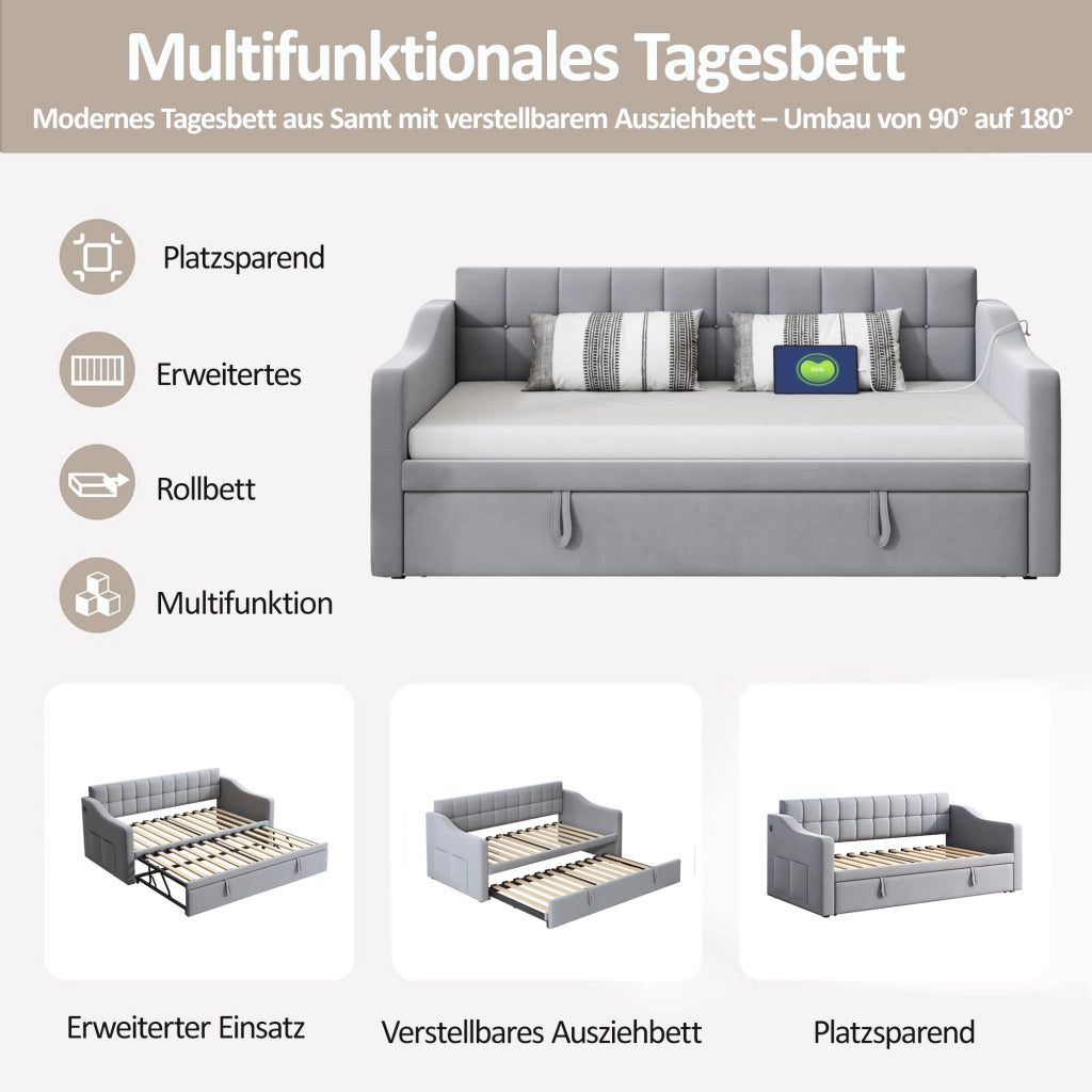 Letto divano 2 in 1 imbottito velluto grigio chiaro 90x190 cm