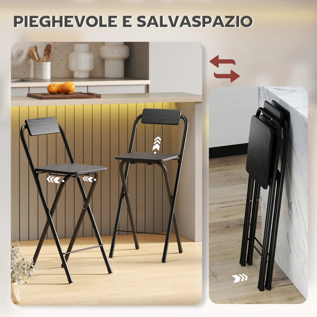 Sgabelli da Bar Pieghevoli con Poggiapiedi ¨C Minimal ¨C Legno e Acciaio, Nero, 37x45x87 cm