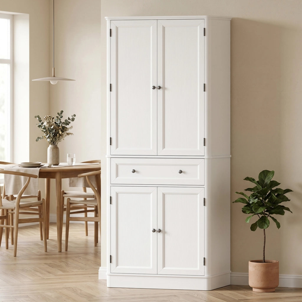 Armadio Cucina con 4 Ante, Cassetto e Ripiani Regolabili ¨C Xylo ¨C 80x39.5x186.4 cm Bianco