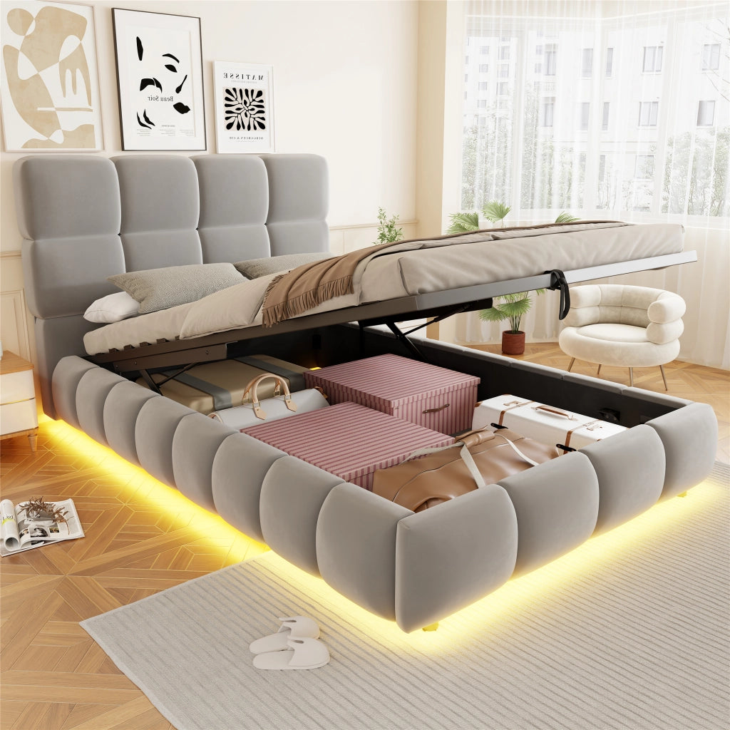 Letto imbottito singolo 90×200 cm con contenitore; LED e testiera; senza materasso; velluto; grigio
