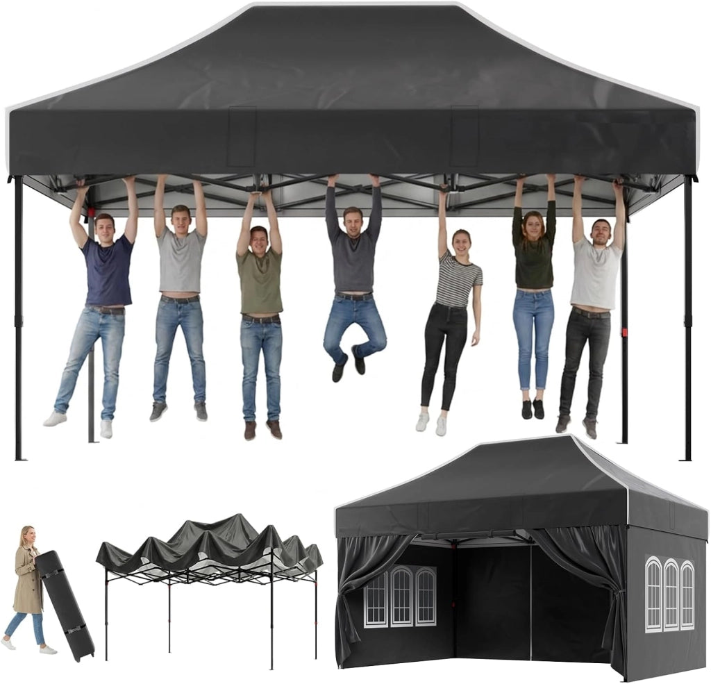 Gazebo 3 x 3 impermeabile, stabile, resistente all'inverno, altezza regolabile, gazebo pieghevole con 4 pareti laterali, protezione UV 50 +, per giardino, cortile, campeggio, gazebo nero