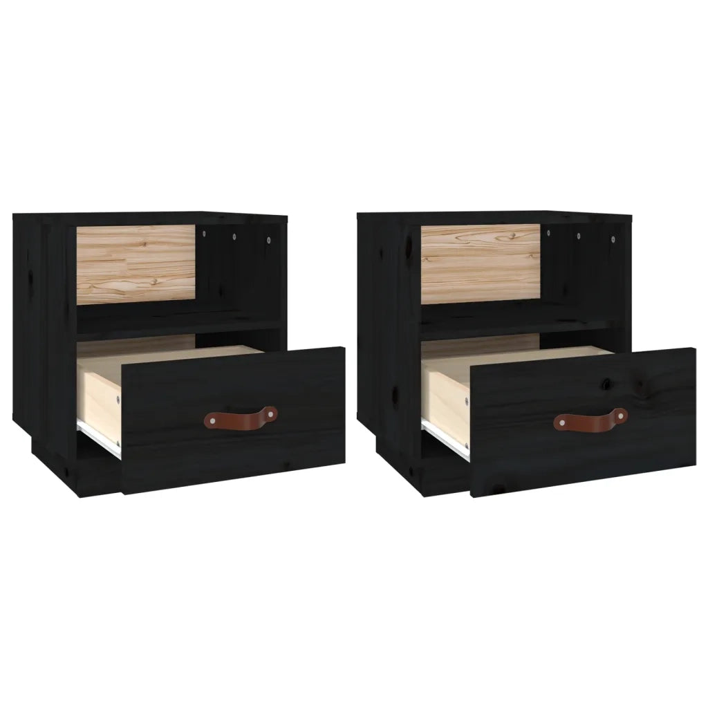 Set di 2 Comodini | Armadio da Notte | Mobiletto da notte Nero 40x34x45 cm in Legno Massello di Pino