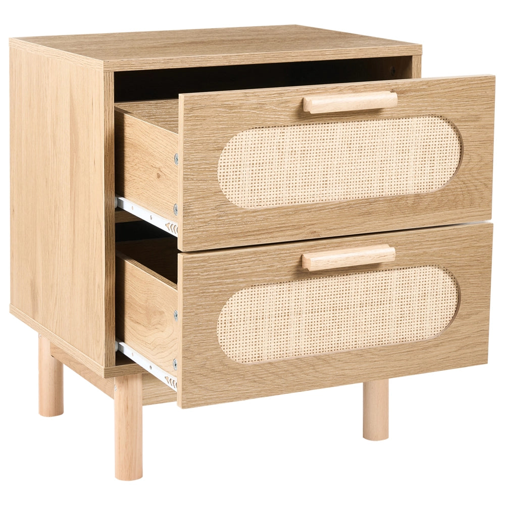Comodino marrone chiaro in truciolato con frontale in rattan 2 cassetti Stile Boho Contenitore per camera da letto