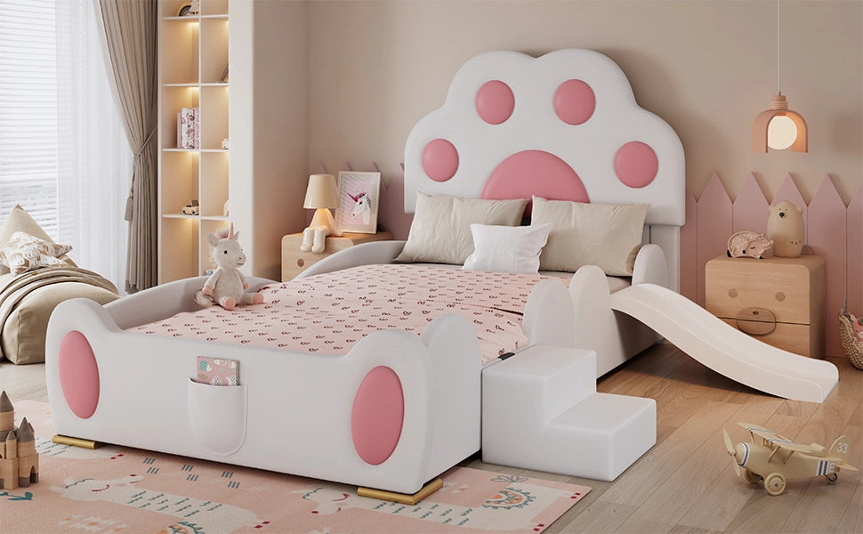 DESMIU Letto per bambini 90 × 200 cm con scivolo, scala a 2 gradini e tasca, senza materasso, in PU, bianco e rosa