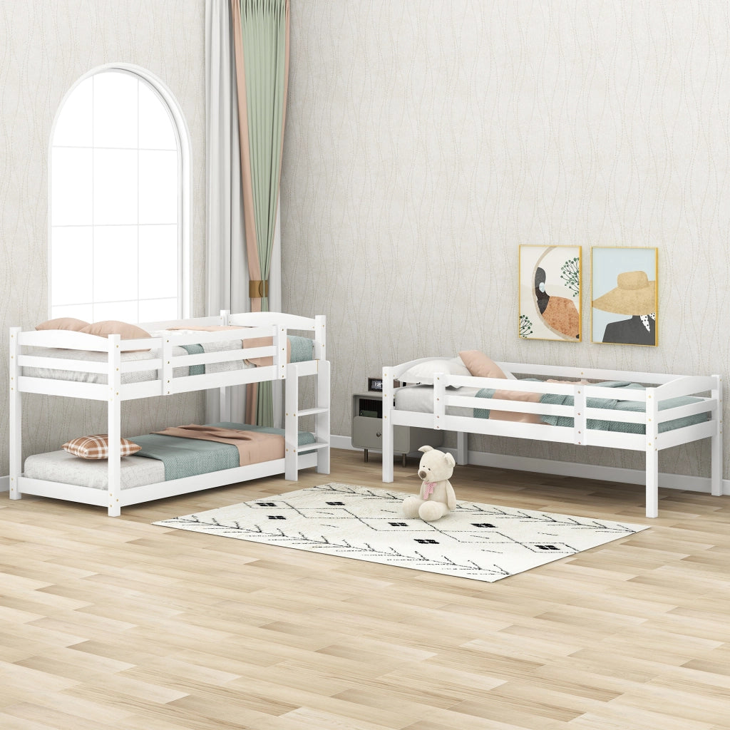 DESMIU Letto a castello 3 posti 90 × 200 cm con 2 scale, senza materasso, in pino, bianco