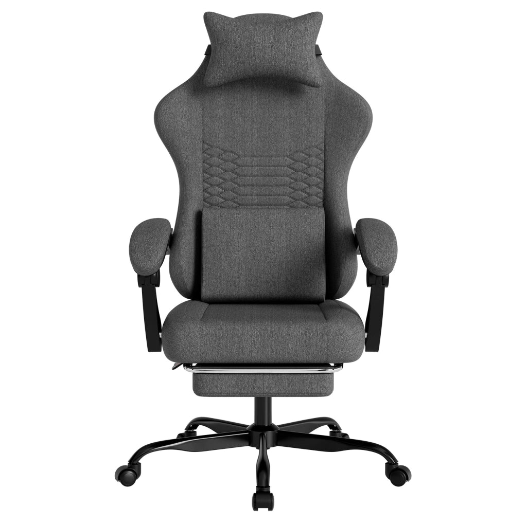 Sedia da gaming ergonomica con poggiatesta; supporto lombare e braccioli sincronizzati; grigio scuro