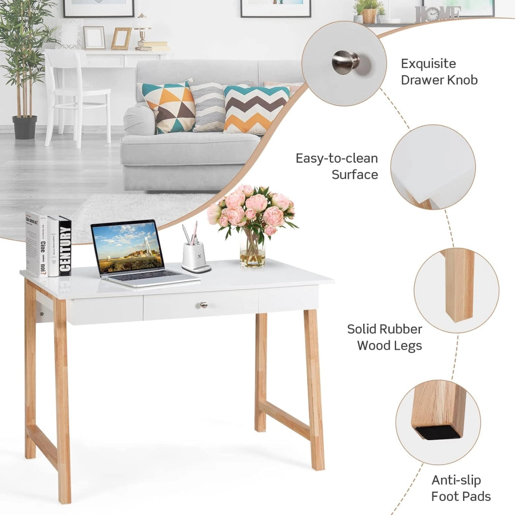 Scrivania da Ufficio con 1 Cassetto, Ampio Piano d'appoggio, Gambe Robuste con 2 Barre Trasversali, Ideale per Studio e l'Ufficio, Peso Massimo 54,4 kg, 106,5 x 50 x 75,5 cm