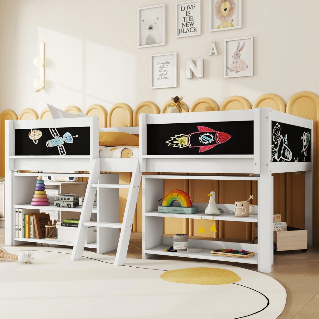 Letto a soppalco 90×200 cm con ripiani; sponda di sicurezza; scala e lavagna; senza materasso; bianco