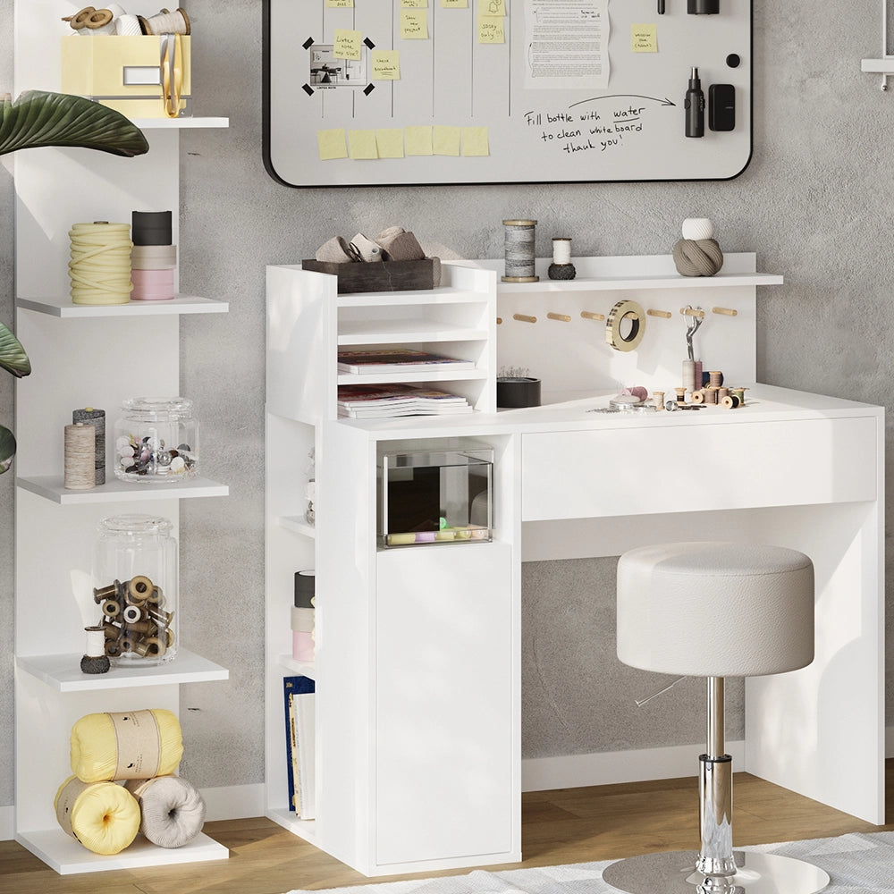 Vicco Scrivania Bianco 3 parti, con libreria e sgabello