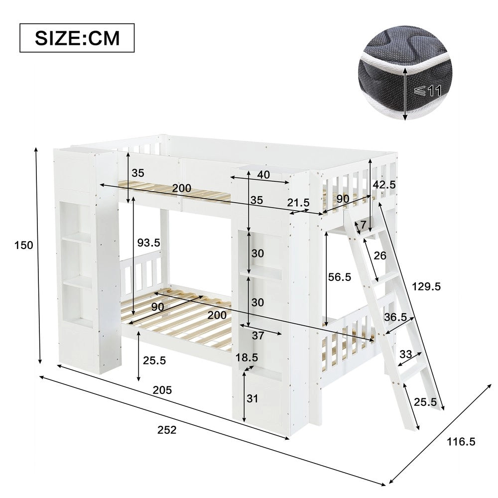 Letto a castello 90x200 cm ¨C Minimal ¨C Bianco in legno con cassetti e mensola