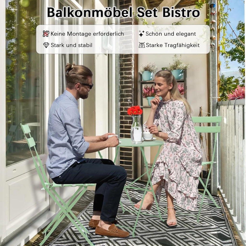 Set da Bistrot Pieghevole 3 Pezzi, Tavolo da Giardino Bistrot in Metallo, 1 Tavolo e 2 Sedie per Piccoli Balconi, Resistente alle Intemperie, per Balcone, Giardino e Terrazzo, Verde