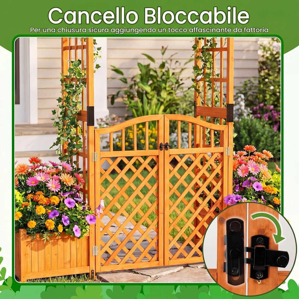 Arco da Giardino con Fioriere, Letto da Giardino Rialzato con Traliccio, Tetto, Fori di Drenaggio, Fondo Rimovibile e Cancelli Chiudibili, Pergolato da Esterno in Legno per Feste e Matrinomio
