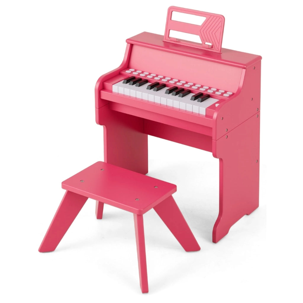 Mini tastiera pianoforte per bambini a 25 tasti con sgabello, Mini pianoforte digitale in legno con velocit¨¤ regolabili Rosa